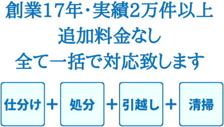 仕分け・処分・引越し・ハウスクリーニング、全て一括で対応致します。